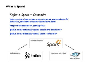 What is Spark? 
Kafka + Spark + Cassandra 
datastax.com/documentation/datastax_enterprise/4.5/ 
datastax_enterprise/spark/sparkIntro.html 
http://helenaedelson.com/?p=991 
github.com/datastax/spark-cassandra-connector 
github.com/dibbhatt/kafka-spark-consumer 
unified compute 
data streams columnar key-value 
 