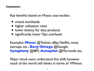 Key benefits based on Mesos case studies: 
• mixed workloads 
• higher utilization rates 
• lower latency for data products 
• significantly lower Ops overhead 
! 
Examples: Mesos @Twitter, eBay, Netflix, many 
startups, etc.; Borg/Omega @Google, 
Symphony @IBM, Autopilot @Microsoft, etc. 
! 
Major cloud users understand this shift; however 
much of the world still thinks in terms of VMware 
6 
Containers 
 