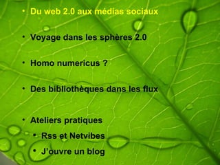 Du web 2.0 aux médias sociaux Voyage dans les sphères 2.0 Homo numericus ? Des bibliothèques dans les flux Ateliers pratiques  Rss et Netvibes J’ouvre un blog  