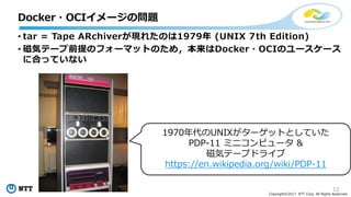 12
Copyright©2017 NTT Corp. All Rights Reserved.
• tar = Tape ARchiverが現れたのは1979年 (UNIX 7th Edition)
• 磁気テープ前提のフォーマットのため，本来はDocker・OCIのユースケース
に合っていない
Docker・OCIイメージの問題
1970年代のUNIXがターゲットとしていた
PDP-11 ミニコンピュータ &
磁気テープドライブ
https://en.wikipedia.org/wiki/PDP-11
 