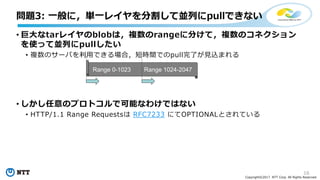16
Copyright©2017 NTT Corp. All Rights Reserved.
• 巨⼤なtarレイヤのblobは，複数のrangeに分けて，複数のコネクション
を使って並列にpullしたい
• 複数のサーバを利⽤できる場合，短時間でのpull完了が⾒込まれる
• しかし任意のプロトコルで可能なわけではない
• HTTP/1.1 Range Requestsは RFC7233 にてOPTIONALとされている
問題3: ⼀般に，単⼀レイヤを分割して並列にpullできない
Range 0-1023 Range 1024-2047
 
