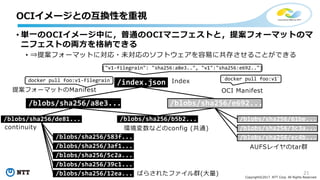 21
Copyright©2017 NTT Corp. All Rights Reserved.
• 単⼀のOCIイメージ中に，普通のOCIマニフェストと，提案フォーマットのマ
ニフェストの両⽅を格納できる
• ⇒提案フォーマットに対応・未対応のソフトウェアを容易に共存させることができる
OCIイメージとの互換性を重視
/index.json
/blobs/sha256/e692...
/blobs/sha256/b5b2... /blobs/sha256/61be...
/blobs/sha256/3c3a...
/blobs/sha256/ec4b...
Index
OCI Manifest
環境変数などのconfig (共通)
AUFSレイヤのtar群
/blobs/sha256/a8e3...
提案フォーマットのManifest
/blobs/sha256/de81...
continuity
/blobs/sha256/583f...
/blobs/sha256/3af1...
/blobs/sha256/5c2a...
/blobs/sha256/39c1...
/blobs/sha256/12ea... ばらされたファイル群(⼤量)
`docker pull foo:v1-filegrain` `docker pull foo:v1`
{"v1-filegrain": "sha256:a8e3..", "v1":"sha256:e692.."}
 