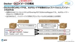 7
Copyright©2017 NTT Corp. All Rights Reserved.
• DockerのCoWレイヤは，AUFSレイヤを固めたtarファイルとしてイメー
ジ化される
• 実際のCoWファイルシステムがOverlayFSでもDeviceMapperでも，AUFSレイヤー
のtarとして表現される
• QCOW2など，ハイパーバイザ⽤のブロックレベルのCoW技術とは対照的
Docker・OCIイメージの構成
後で説明します
TAR
TAR
FROM ubuntu:17.04
RUN apt-get install foobar
COPY foobar.conf /etc
mount –t overlay –o lowerdir=0,upperdir=1 ..
mount –t overlay –o lowerdir=1,upperdir=2 ..
ベースレイヤは普通のtar
• 追加・変更されたファイル
• 削除されたファイルの情報
(whiteoutファイル)
TAR
/bin/bash
/bin/ls ...
/usr/bin/foobar
/usr/lib/libfoobar.so ...
/etc/foobar.conf
 
