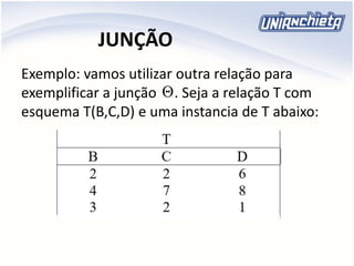 JUNÇÃO
Exemplo: vamos utilizar outra relação para
exemplificar a junção . Seja a relação T com
esquema T(B,C,D) e uma instancia de T abaixo:

 