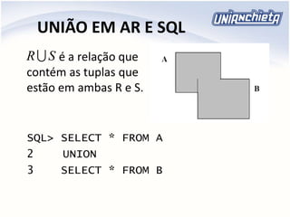 UNIÃO EM AR E SQL
SQL> SELECT * FROM A
2 UNION
3 SELECT * FROM B
SR é a relação que
contém as tuplas que
estão em ambas R e S.
 