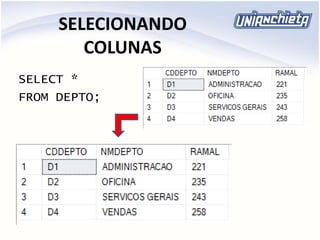 SELECIONANDO
COLUNAS
SELECT *
FROM DEPTO;
 