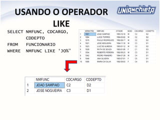 USANDO O OPERADOR
LIKE
SELECT NMFUNC, CDCARGO,
CDDEPTO
FROM FUNCIONARIO
WHERE NMFUNC LIKE ‘JO%’
 