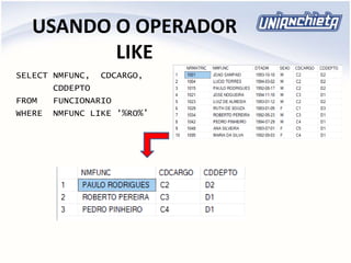 USANDO O OPERADOR
LIKE
SELECT NMFUNC, CDCARGO,
CDDEPTO
FROM FUNCIONARIO
WHERE NMFUNC LIKE ‘%RO%’
 