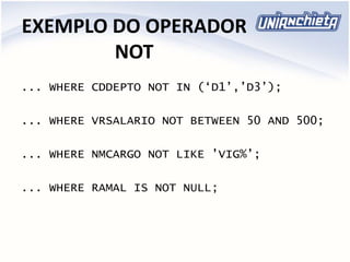 EXEMPLO DO OPERADOR
NOT
... WHERE CDDEPTO NOT IN (‘D1’,’D3’);
... WHERE VRSALARIO NOT BETWEEN 50 AND 500;
... WHERE NMCARGO NOT LIKE ’VIG%’;
... WHERE RAMAL IS NOT NULL;
 
