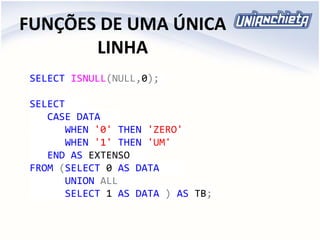 FUNÇÕES DE UMA ÚNICA
LINHA
SELECT ISNULL(NULL,0);
SELECT
CASE DATA
WHEN '0' THEN 'ZERO'
WHEN '1' THEN 'UM'
END AS EXTENSO
FROM (SELECT 0 AS DATA
UNION ALL
SELECT 1 AS DATA ) AS TB;
 