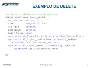 EXEMPLO DE DELETE
13/11/2019 Prof. Rodrigo Saito 22
--criando a tabela de itens de pedidos
CREATE TABLE test.Itens_Pedido (
Cod_Pedido int not null,
Item tinyint not null,
Cod_Prod integer,
Quantidade integer,
Valor_Venda money,
constraint pk_Itens_Pedido Primary key(Cod_Pedido,Item),
constraint fk_IP_Cod_Pedido Foreign Key(Cod_Pedido)
references test.Pedido(Cod_Pedido),
constraint fk_IP_Cod_Produto Foreign Key(Cod_Prod)
references test.Produto(Cod_Prod)
)
go
 