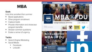 MBA 
Goals 
Less time sensitive than summer 
! Boost applications 
! Drive program enrollment 
! Capture leads 
! Provide information and showcase 
program benefits 
! Answer common questions 
! Evoke a sense of urgency 
Tactics 
! Search Engine Marketing 
! Social Media 
• Facebook 
• LinkedIn 
 