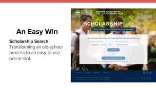 7 
An Easy Win 
Scholarship Search 
Transforming an old-school 
process to an easy-to-use 
online tool. 
 