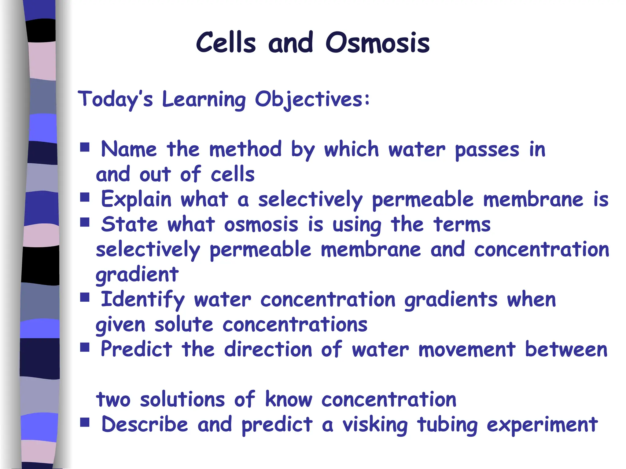 Cells and Osmosis Today’s Learning Objectives: Name the method by which water passes in  and out of cells Explain what a selectively permeable membrane is State what osmosis is using the terms  selectively permeable membrane and concentration  gradient Identify water concentration gradients when  given solute concentrations Predict the direction of water movement between  two solutions of know concentration Describe and predict a visking tubing experiment 