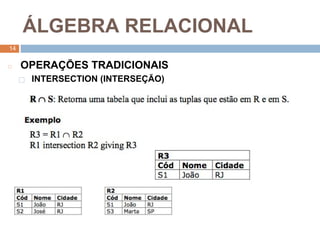 1
4
Á LGEBRA RELACIONAL
14
◻ OPERAÇ ÕES TRADICIONAIS
⬜ INTERSECTION (INTERSEÇ ÃO)
 