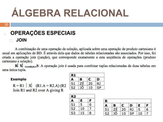 2
0
Á LGEBRA RELACIONAL
20
◻ OPERAÇ ÕES ESPECIAIS
⬜ JOIN
 