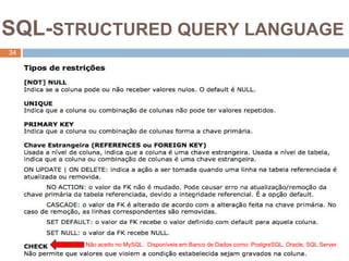 3
4
SQL-STRUCTURED QUERY LANGUAGE
34
Não aceito no MySQL. Disponíveis em Banco de Dados como: PostgreSQL, Oracle, SQL Server.
 