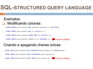 3
6
SQL-STRUCTURED QUERY LANGUAGE
36
Exemplos:
❏ Modificando colunas:
Criando e apagando chaves únicas:
Exclusivo MySQL
Exclusivo MySQL
 