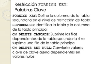 Restricción FOREIGN KEY:
Palabras Clave
◦ FOREIGN KEY: Define la columna de la tabla
secundaria en el nivel de restricción de tabla
◦ REFERENCES: Identifica la tabla y la columna
de la tabla principal
◦ ON DELETE CASCADE: Suprime las filas
dependientes de la tabla secundaria si se
suprime una fila de la tabla principal
◦ ON DELETE SET NULL: Convierte valores
clave de clave ajena dependientes en
valores nulos
 