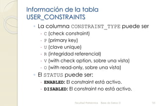 Información de la tabla
USER_CONSTRAINTS
◦ La columna CONSTRAINT_TYPE puede ser
 C (check constraint)
 P (primary key)
 U (clave unique)
 R (integridad referencial)
 V (with check option, sobre una vista)
 O (with read-only, sobre una vista)
◦ El STATUS puede ser:
 ENABLED: El constraint está activo.
 DISABLED: El constraint no está activo.
Facultad Politécnica Base de Datos II 55
 
