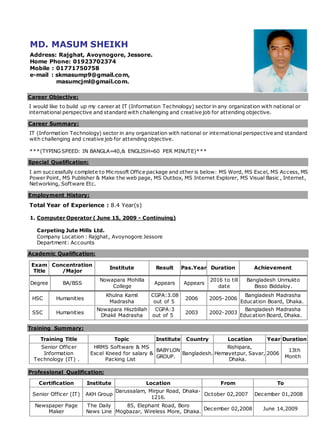 MD. MASUM SHEIKH
Address: Rajghat, Avoynogore, Jessore.
Home Phone: 01923702374
Mobile : 01771750758
e-mail : skmasump9@gmail.com,
masumcjml@gmail.com.
Career Objective:
I would like to build up my career at IT (Information Technology) sector in any organization with national or
international perspective and standard with challenging and creative job for attending objective.
Career Summary:
IT (Information Technology) sector in any organization with national or international perspective and standard
with challenging and creative job for attending objective.
***(TYPINGSPEED: IN BANGLA=40,& ENGLISH=60 PER MINUTE)***
Special Qualification:
I am successfully complete to Microsoft Office package and other is below: MS Word, MS Excel, MS Access, MS
Power Point, MS Publisher & Make the web page, MS Outbox, MS Internet Explorer, MS Visual Basic , Internet,
Networking, Software Etc.
Employment History:
Total Year of Experience : 8.4 Year(s)
1. Computer Operator ( June 15, 2009 - Continuing)
Carpeting Jute Mills Ltd.
Company Location : Rajghat, Avoynogore Jessore
Department: Accounts
Academic Qualification:
Exam
Title
Concentration
/Major
Institute Result Pas.Year Duration Achievement
Degree BA/BSS
Nowapara Mohilla
College
Appears Appears
2016 to till
date
Bangladesh Unmukto
Bisso Biddaloy.
HSC Humanities
Khulna Kamil
Madrasha
CGPA:3.08
out of 5
2006 2005-2006
Bangladesh Madrasha
Education Board, Dhaka.
SSC Humanities
Nowapara Hiszbillah
Dhakil Madrasha
CGPA:3
out of 5
2003 2002-2003
Bangladesh Madrasha
Education Board, Dhaka.
Training Summary:
Training Title Topic Institute Country Location Year Duration
Senior Officer
Information
Technology (IT) .
HRMS Software & MS
Excel Kneed for salary &
Packing List
BABYLON
GROUP.
Bangladesh.
Rishipara,
Hemayetpur, Savar,
Dhaka.
2006
13th
Month
Professional Qualification:
Certification Institute Location From To
Senior Officer (IT) AKH Group
Darussalam, Mirpur Road, Dhaka-
1216.
October 02,2007 December 01,2008
Newspaper Page
Maker
The Daily
News Line
85, Elephant Road, Boro
Mogbazar, Wireless More, Dhaka.
December 02,2008 June 14,2009
 