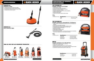 CARGADORES DE BATERÍAS/
     HIDROLAVADORAS
                                                                                                              ARRANCADORES
3                                                                                                                                                                                                                                                        4
     PWA004-LA                                                                                               VEC1086BBD-B3
     Limpiador de Pisos                                                                                      Cargador de Batería 2/4/6 Amps
     •	 La presión del agua hace que el interior de los cepillos                                             •	 Carga automática en 3 etapas.
     	 gire suavemente, haciendo su trabajo de limpieza más fácil.                                           •	 Control microprocesador digital Smart Control™.
     •	 Para la eliminación cuidadosa de las capas de polvo y suciedad                                       •	 Tecnología de conversión de energía de alta frecuencia.
     	 acumuladas sobre todo tipo de superficie.                                                             •	 Monitoreo de carga flotante automática.
                                                                                                             •	 Compensa la baja energía de CA y el uso de cables prolongadores.
                                                                                                             •	 Indicador de polaridad invertida.
                                                                                                             •	 Indicador de carga completa.
                                                                                                             •	 Protección contra conexión invertida a prueba de chispas.

                                                                                                             Incluye
                                                                                                             • 	Cables.        
                                                                                                             • 	Tenazas para uso rudo.     Especificaciones
                                                                                                                                           Entrada                                                            120 V AC, 60 Hz, 110 Watts
                                                                                                                                           Salida                                                               12 V DC, 2/4/6 Amps




                                                                                                             VEC1093DBD-B3
                                                                                                             Cargador de Baterías y Arrancador de 110 Amperes
                                                                                                             •	 3 etapas, automático, tecnología de alta frecuencia que lo hace más eficiente que otros 	
                                                                                                             	 cargadores.
                                                                                                             •	 Protección de error de polaridad y sobrecarga.
                                                                                                             •	 Microprocesador Smart Control para monitoreo y diagnóstico de fallas.
     PWA005-LA                                                                                               •	 Tecnología patentada para chequeo de alternador y flujo de carga.
                                                                                                             •	 Compensación de temperatura automática.
     Kit de Succión de Agua                                                                                  •	 Selección de tipo de batería.
                                                                                                             •	 Códigos digitales de diagnóstico y fallas.
                                                                                                             •	 Cables y tenazas para uso pesado.
                                                                                                             •	 Para cargar todo tipo de baterías de 12 voltios base ácido, ideal para uso en automóviles, 	
                                                                                                             	 lanchas, barcos, podadoras de carro, casas rodantes, cuatrimotos.

                                                                                                             Incluye
                                                                                                             • 	Cables.
                                                                                                             •	 Prensas de uso rudo.       Especificaciones
                                                                                                                                           Entrada cargador                                      120 V AC 60 Hz 700 Watts
                                                                                                                                           Salida cargador                                        12 V DC 4/10/20 40 Amps
                                                                                                                                           Entrada arrancador                                  120 V AC 60 Hz 1,500 Watts
                                                                                                                                           Salida arrancador                                    5 Seg On 240 Seg Off 110 Amps




                                                                                                             BBC50
                                                                                                             Cargador de Batería 4/15/30/50 Amps
                                                                                                             •	 Cargador de batería totalmente electrónico y automático.
     PARA SU USO CON LOS SIGUIENTES PRODUCTOS                                                                •	 Códigos de falla e indicador de voltaje
                                                                                                             •	 Diagnóstico de alternador, identifica el flujo de corriente del alternador.
                                                                                                             •	 Recondicionamiento de batería, mejora la capacidad de aceptación de carga de la batería.
                                                                                                             •	 Compartimiento incorporado ideal para guardar los cables y pinzas.




                                                                                                                                           Especificaciones
                                                                                                                                           Flujo de carga	                                                4/15/30/50 Amps
                                                                                                                                           Arrancador de motor	                                           150 Amp. 5 segs
                                                                                                                                           Motor de partida	                                              150 Amp. 5 segs
        PW1350-B3                   PW1400-B3               PW1400-B3    PW1550-B3   PW1700-B3   PW2100-B3


32   HIDROLAVADORAS                                                                                                                                                                                                                        AUTOMOTRIZ   33
 