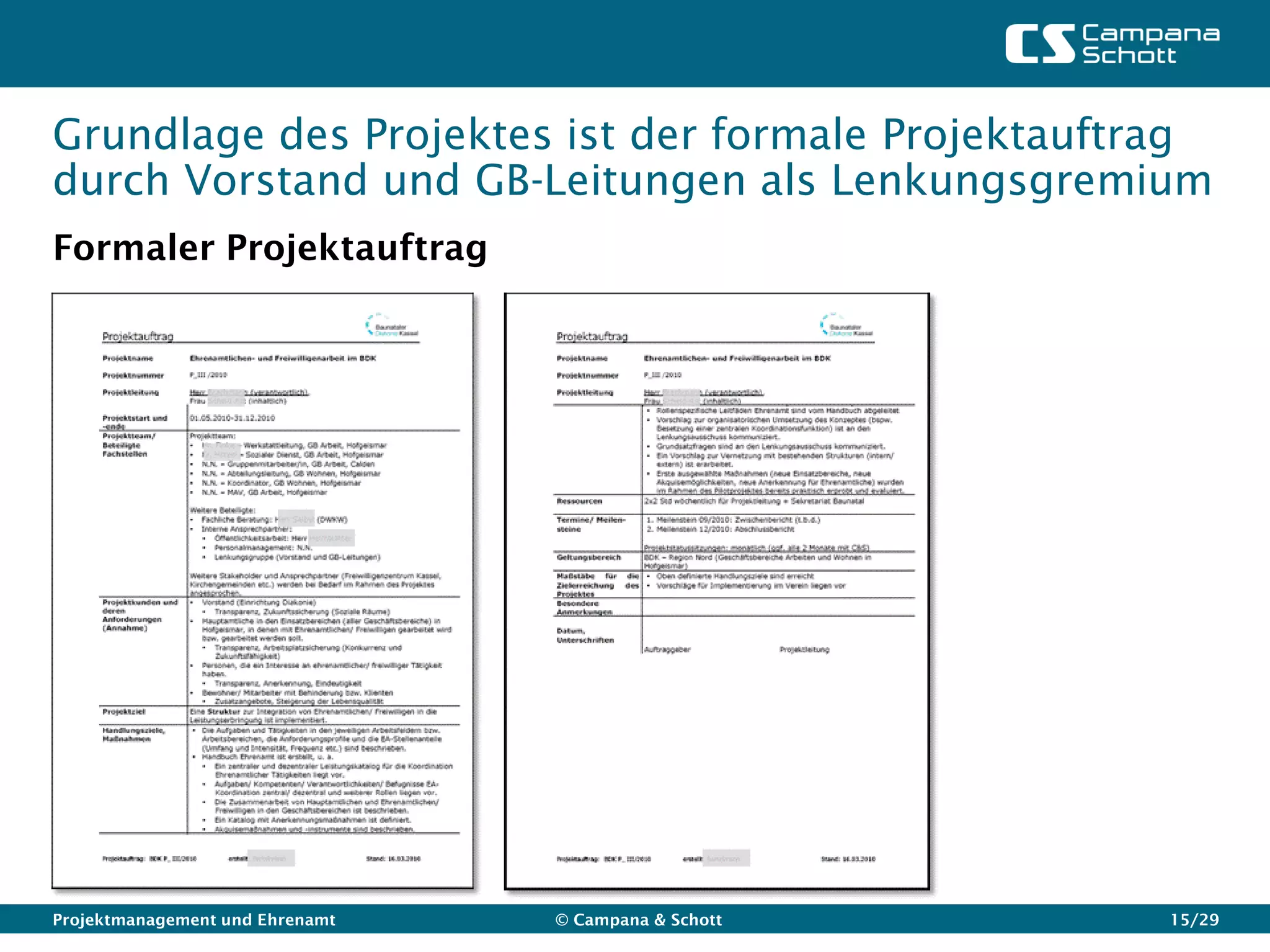 Grundlage des Projektes ist der formale Projektauftrag
durch Vorstand und GB-Leitungen als Lenkungsgremium
Formaler Projektauftrag




Projektmanagement und Ehrenamt   © Campana & Schott   15/29
 