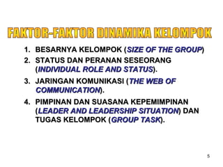 5
1.1. BESARNYA KELOMPOK (BESARNYA KELOMPOK (SIZE OF THE GROUPSIZE OF THE GROUP))
2.2. STATUS DAN PERANAN SESEORANGSTATUS DAN PERANAN SESEORANG
((INDIVIDUAL ROLE AND STATUSINDIVIDUAL ROLE AND STATUS).).
3.3. JARINGAN KOMUNIKASI (JARINGAN KOMUNIKASI (THE WEB OFTHE WEB OF
COMMUNICATIONCOMMUNICATION).).
4.4. PIMPINAN DAN SUASANA KEPEMIMPINANPIMPINAN DAN SUASANA KEPEMIMPINAN
((LEADER AND LEADERSHIP SITUATIONLEADER AND LEADERSHIP SITUATION) DAN) DAN
TUGAS KELOMPOK (TUGAS KELOMPOK (GROUP TASKGROUP TASK).).
 