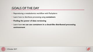 2 October 2017
• Reproducing a metabolomics workflow with Pachyderm
• Learn how to distribute processing using containers
• Feeling the power of data versioning
• Learn how we can use containers in a cloud-like distributed processing
environment
GOALS OF THE DAY
 