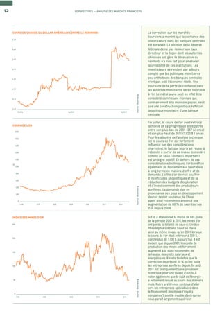 12 PERSPECTIVES — ANALYSE DES MARCHÉS FINANCIERS
Source:BloombergSource:BloombergSource:Bloomberg
COURS DE CHANGE DU DOLLAR AMÉRICAIN CONTRE LE RENMINBI
COURS DE L’OR
INDICE DES MINES D’OR
6,10
6,20
6,15
6,45
6,25
6,40
6,35
6,30
10/2014 10/201504/2015
USD
0
1000
800
2000
1200
1800
1600
1400
1996 20141999
400
200
600
2002 2005 2008 2011
0
250
50
200
150
100
1995 20152000 2005 2010
La correction sur les marchés
boursiers a montré que la conﬁance des
investisseurs dans les banques centrales
est ébranlée. La décision de la Réserve
fédérale de ne pas relever son taux
directeur et la façon dont les autorités
chinoises ont géré la dévaluation du
renminbi n’a rien fait pour améliorer
la crédibilité de ces institutions. Les
investisseurs se rendent par ailleurs
compte que les politiques monétaires
peu orthodoxes des banques centrales
n’ont pas aidé l’économie réelle. Une
poursuite de la perte de conﬁance dans
les autorités monétaires serait favorable
à l’or. Le métal jaune peut en effet être
considéré comme une monnaie qui,
contrairement à la monnaie-papier, n’est
pas une construction politique reﬂétant
la politique monétaire d’une banque
centrale.
Si l’or a abandonné la moitié de ses gains
de la période 2001 à 2011, les mines d’or
ont perdu la totalité de ceux-ci. L’indice
Philadelphia Gold and Silver se traite
ainsi au même niveau qu’en 2001 lorsque
le cours de l’or était inférieur à 300 $,
contre plus de 1.100 $ aujourd’hui. Il est
évident que depuis 2001, les coûts de
production des mines ont fortement
augmenté à la suite notamment de
la hausse des coûts salariaux et
énergétiques. Il reste toutefois que la
correction de près de 80 % qu’ont subie
les entreprises aurifères depuis ﬁn août
2011 est pratiquement sans précédent
historique pour une classe d’actifs. À
noter également que le coût de l’énergie
a nettement reculé au cours des derniers
mois. Notre préférence continue d’aller
vers les entreprises spécialisées dans
le ﬁnancement des mines (’royalty
companies’) dont le modèle d’entreprise
nous paraît largement supérieur.
Fin juillet, le cours de l’or avait retracé
la moitié de sa progression enregistrée
entre son plus-bas de 2001 (257 $/ once)
et son plus-haut de 2011 (1.920 $ / once).
Pour les adeptes de l’analyse technique
(et le cours de l’or est fortement
inﬂuencé par des considérations
chartistes), le fait que le prix ait réussi à
rebondir à partir de ce niveau (considéré
comme un seuil Fibonacci important)
est un signe positif. En dehors de ces
considérations techniques, l’or bénéﬁcie
également de fondamentaux favorables
à long terme en matière d’offre et de
demande. L’offre d’or devrait souffrir
d’incertitudes géopolitiques et de la
réduction des budgets d’exploration
et d’investissement des producteurs
aurifères. La demande d’or en
provenance des pays en développement
devrait rester soutenue, la Chine
ayant ainsi récemment annoncé une
augmentation de 60 % de ses réserves
d’or depuis 2009.
 