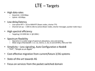 LTE – Targets
• High data rates
–
–

Downlink: >150 Mbps
Uplink: >50 Mbps

• Low delay/latency
–
–

User plane RTT: < 10 ms RAN RTT (fewer nodes, shorter TTI)
Channel set-up: < 100 ms idle-to-active (fewer nodes, shorter messages, quicker node resp.)

• High spectral efficiency
–

Targeting 3 X HSPA Rel. 6 (@ 2006 )

• Spectrum flexibility
–
–

Operation in a wide-range of spectrum allocations, new and existing
Wide range of Bandwidth: 1.4, 1.6, 3.0/3.2, 5, 10, 15 and 20 MHz, FDD and TDD

• Simplicity – Less signaling, Auto Configuration e-NodeB
– ”PnP”, ”Simple as an Apple”

• Cost-effective migration from current/future 2/3G systems
• State-of-the-art towards 4G
• Focus on services from the packet-switched domain

 