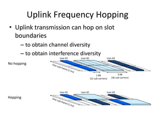 Uplink Frequency Hopping
• Uplink transmission can hop on slot
boundaries
– to obtain channel diversity
– to obtain interference diversity
User #1

User #2

User #3

No hopping
1 RB
(12 sub-carriers)

User #1

Hopping

User #2

3 RB
(36 sub-carriers)

User #3

 