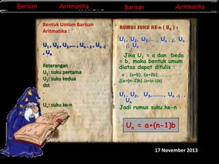 Barisan
Barisan

Aritmatika
Aritmatika

Barisan
Barisan
Invers Matriks

Bentuk Umum Barisan
Aritmatika :

U1 , U2 , U3 ,… , Un – 2 , Un -1
, Un
Keterangan :
U1: suku pertama
U2: suku kedua
dst
.
.
Un: suku ke-n

Aritmatika
Aritmatika

RUMUS SUKU KE-n ( UN ) :
U1, U2, U3,… , Un – 2, Un 1, Un
Jika U1 = a dan beda
= b, maka bentuk umum
diatas dapat ditulis :
a , (a+b), (a+2b),……….,
{(a+(n-2)b},{a+(n-1)b}

U1, U2, U3,………, Un -1 ,
Un
Jadi rumus suku ke-n :

Un = a+(n-1)b
17 November 2013

 