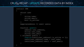CRUDy RECAP - UPDATE RECORDED DATA BY INDEX
contract CRM
{
struct user
{
string name;
string email;
bool is_active;
}
mapping(address => user) users;
function update(
address user_address,
string user_name,
string user_email
) onlyOwner public {
require(users[user_address].is_active == 1);
users[user_address].name = user_name;
users[user_address].email = user_email;
}
}
 
