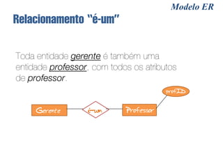 Modelo ER
Relacionamento “é-um”

Toda entidade gerente é também uma
entidade professor, com todos os atributos
de professor.
                                        profID


     Gerente      é-um      Professor
 