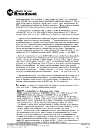 desta sexta-feira fez nova mínima de 14 meses ao tocar em US$ 1,2516 - menor nível
                 desde 5/3/2009. Para o analista Joseph BRUSUELAS (da BRUSUELAS ANALYTICS), as
                 fortes vendas de euros denotam a impaciência do investidor com a falta de detalhes do
                 BCE a respeito da anunciada compra de bônus soberanos... "Quase uma semana depois,
                 ainda não foi informado o tamanho dessa política", disse ao MarketWatch.

                 ... O estrategista Alan RUSKIN (da RBS GLOBAL BANKING & MARKETS) é pessimista.
                 "Mesmo que a Zona do Euro evite um pouso forçado, dependendo do que a GRÉCIA
                 aprontar, o euro pode cair a US$ 1,14 em 2010". O dólar só não bateu o iene: 92,68/US$.

                 ... Os ganhos no dólar exacerbaram o sentimento negativo do PETRÓLEO - influenciado
                 ainda pelo relatório dos estoques da quarta-feira... O volume armazenado nos EUA é o
                 maior desde dezembro e os estoques no centro de Cushing estão 29% acima da mesma
                 época em 2009. "Será difícil manter qualquer alta com esses estoques elevados", disse
                 Andy LEBOW (da MF GLOBAL). Em NY, as cotações fecharam no vermelho em seis das
                 últimas sete sessões e atingiram os menores níveis em três meses. "Os preços vão
                 continuar pressionados no curto prazo", disse Kyle COOPER, da IAF ADVISOR... O WTI
                 de junho caiu 1,7% (US$ 74,40) enquanto na ICE, o BRENT perdeu 1,13% (US$ 80,11).

                 ... Correndo na contramão, os futuros de METAIS fecharam em alta. Depois da queda tão
                 expressiva dos últimos dias, investidores resolveram aproveitar os preços baixos. Em
                 Londres, o cobre subiu US$ 140, para US$ 7.160/t, o alumínio avançou US$ 49, cotado a
                 US$ 2.169, e o níquel ganhou US$ 200, a US$ 22.750. Participantes do mercado dizem
                 que o fato de os preços não terem cedido às vendas no início do dia forçaram investidores
                 a cobrir posições vendidas... "Foi técnico", resumiu um trader londrino, para quem os
                 fundamentos não mudaram. Já o ouro cedeu sob o peso do dólar depois de ter alcançado
                 novo recorde na quarta-feira... O contrato junho caiu 1,12%, a US$ 1.229,20 a onça-troy,
                 um recuo considerado saudável pelo consultor Bill O´NEILL, LOGIC ADVISORS -- na DJ.

                 ... Os problemas na Zona do Euro voltaram a reforçar a demanda por TREASURIES, com
                 alta dos preços e respectiva queda dos juros. "Há um vôo da Europa para os EUA" em
                 busca de segurança, disse Thomas ROTH (do MITSUBISHI UFJ SECURITIES)... A NOTE
                 de dez anos fechou projetando taxa de 3,540%, de 3,581% no dia anterior.

                 Em tempo... OI obteve lucro líquido de R$ 496 milhões no primeiro trimestre de 2010,
                 contra lucro de R$ 11 milhões em igual período de 2009.

                 - CONFIRA os outros balanços divulgados ontem à noite:
                 - CTEEP registrou lucro líquido de R$ 200,074 milhões, menos 12,2% do que em 2009.
                 - ELETROPAULO obteve lucro líquido de R$ 156,6 milhões, alta de 6,2%.
                 - TRACTEBEL. Lucro de R$ 248,7 milhões ficou abaixo do previsto (R$ 266,4 milhões).
                 - DUKE ENERGY. Lucro foi de R$ 52,426 milhões no primeiro trimestre, queda de 20,5%.
                 - MMX registrou prejuízo líquido 45% menor, de R$ 81,032 milhões no primeiro trimestre.
                 - OHL Brasil teve lucro 1.330,2% maior do que em 2009, para R$ 56,391 milhões.
                 - CCR informou lucro líquido de R$ 135,5 milhões no primeiro trimestre, queda de 13,1%.
                 - TRIUNFO registrou lucro líquido de R$ 13,451 milhões no primeiro trimestre (+29,8%).
                 - CYRELA BRAZIL REALTY obteve lucro de R$ 174,2 milhões, 73% acima.
                 - ROSSI. Lucro líquido de R$ 64,5 milhões (+126%) ficou abaixo do previsto (R$ 85,7 mi).
                 - TECNISA obteve lucro líquido de R$ 40,0 milhões no primeiro trimestre, 86,3% maior.
                 - ALIANSCE Shopping Centers anunciou lucro líquido de R$ 8,291 milhões (+49,2%).
                 - SULAMÉRICA obteve lucro líquido de R$ 109,6 milhões no primeiro trimestre (+10,5%).
                 - CETIP obteve lucro líquido ajustado de R$ 35,3 milhões no primeiro trimestre (+47,2%).
                 - MARFRIG reverteu prejuízo para lucro líquido de R$ 41,7 milhões no primeiro trimestre.
                 - GRENDENE obteve lucro líquido de R$ 46,89 milhões, 27,01% menor.
AE Broadcast - Proibida a reprodução sem prévia autorização                                                  14/Mai/2010 9:01
Agência Estado - Av. Professor Celestino Bourroul, 68 CEP 02710-000-São Paulo-SP
Central de Atendimento 0800 011 3000                                                                                Pág. 4/5
 