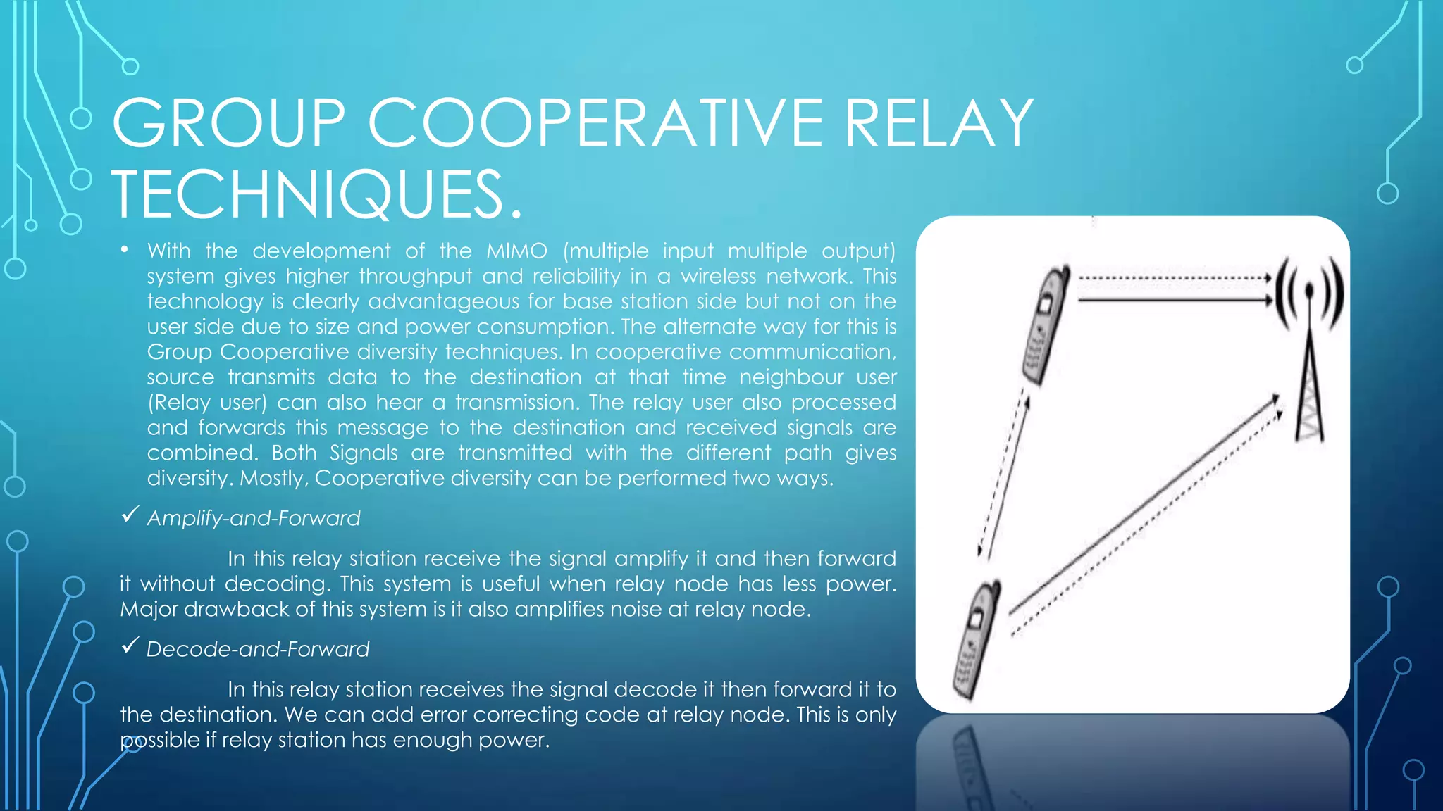 GROUP COOPERATIVE RELAY
TECHNIQUES.
• With the development of the MIMO (multiple input multiple output)
system gives higher throughput and reliability in a wireless network. This
technology is clearly advantageous for base station side but not on the
user side due to size and power consumption. The alternate way for this is
Group Cooperative diversity techniques. In cooperative communication,
source transmits data to the destination at that time neighbour user
(Relay user) can also hear a transmission. The relay user also processed
and forwards this message to the destination and received signals are
combined. Both Signals are transmitted with the different path gives
diversity. Mostly, Cooperative diversity can be performed two ways.
 Amplify-and-Forward
In this relay station receive the signal amplify it and then forward
it without decoding. This system is useful when relay node has less power.
Major drawback of this system is it also amplifies noise at relay node.
 Decode-and-Forward
In this relay station receives the signal decode it then forward it to
the destination. We can add error correcting code at relay node. This is only
possible if relay station has enough power.
 