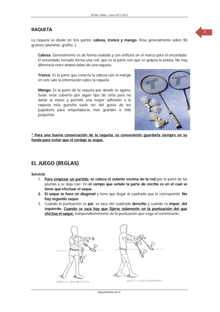 IES Río Trubia, Curso 2011-2012




RAQUETA
                                                                                             3
La raqueta se divide en tres partes: cabeza, tronco y mango. Pesa generalmente sobre 90
gramos (aluminio, grafito...).

   Cabeza. Generalmente es de forma ovalada y con orificios en el marco para el encordado.
   El encordado tensado forma una red, que es la parte con que se golpea la pelota. No hay
   diferencia entre ambos lados de una raqueta.

   Tronco. Es la parte que conecta la cabeza con el mango
   en este sale la información sobre la raqueta.

   Mango. Es la parte de la raqueta por donde se agarra.
   Suele estar cubierto por algún tipo de cinta para no
   dañar la mano y permitir una mayor adhesión a la
   raqueta esta guincha suele ser del gusto de los
   jugadores para empuñaduras más grandes o más
   pequeñas.




* Para una buena conservación de la raqueta, es conveniente guardarla siempre en su
funda para evitar que el cordaje se seque.




EL JUEGO (REGLAS)

Servicio
    1. Para empezar un partido, se coloca el volante encima de la red por la parte de las
        plumas y se deja caer. En el campo que señale la parte de corcho es en el cual se
        tiene que efectuar el saque.
    2. El saque se hace en diagonal y tiene que llegar al cuadrado que le corresponde. No
        hay segundo saque.
    3. Cuando la puntuación es par, se saca del cuadrado derecho y cuando es impar, del
        izquierdo. Cuando se saca hay que fijarse solamente en la puntuación del que
        efectúa el saque, independientemente de la puntuación que enga el contrincante.




                                      Departamento de EF.
 
