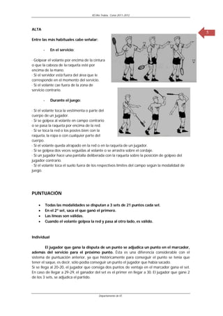 IES Río Trubia, Curso 2011-2012




ALTA
                                                                                                   5
Entre las más habituales cabe señalar:

        -     En el servicio:

· Golpear el volante por encima de la cintura
o que la cabeza de la raqueta esté por
encima de la mano.
· Si el servidor está fuera del área que le
corresponde en el momento del servicio.
· Si el volante cae fuera de la zona de
servicio contrario.

        -     Durante el juego:

· Si el volante toca la vestimenta o parte del
cuerpo de un jugador.
· Si se golpea al volante en campo contrario
o se pasa la raqueta por encima de la red.
· Si se toca la red o los postes bien con la
raqueta, la ropa o con cualquier parte del
cuerpo.
· Si el volante queda atrapado en la red o en la raqueta de un jugador.
· Si se golpea dos veces seguidas al volante o se arrastra sobre el cordaje.
· Si un jugador hace una pantalla deliberada con la raqueta sobre la posición de golpeo del
jugador contrario.
· Si el volante toca el suelo fuera de los respectivos límites del campo según la modalidad de
juego.




PUNTUACIÓN

           Todas las modalidades se disputan a 3 sets de 21 puntos cada set.
           En el 2º set, saca el que ganó el primero.
           Las líneas son válidas.
           Cuando el volante golpea la red y pasa al otro lado, es válido.



Individual

         El jugador que gana la disputa de un punto se adjudica un punto en el marcador,
además del servicio para el próximo punto. Ésta es una diferencia considerable con el
sistema de puntuación anterior, ya que históricamente para conseguir el punto se tenía que
tener el saque, es decir, sólo podía conseguir un punto el jugador que había sacado.
Si se llega al 20-20, el jugador que consiga dos puntos de ventaja en el marcador gana el set.
En caso de llegar a 29-29, el ganador del set es el primer en llegar a 30. El jugador que gane 2
de los 3 sets, se adjudica el partido.



                                           Departamento de EF.
 
