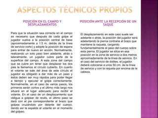 POSICIÓN EN EL CAMPO Y 
DESPLAZAMIENTOS 
POSICIÓN ANTE LA RECEPCIÓN DE UN 
SAQUE 
Para que la situación sea correcta en el campo 
es necesario que después de cada golpe el 
jugador vuelva a la posición central de base 
(aproximadamente a 1.5 m. detrás de la línea 
de servicio corto) y adopte la posición de espera 
para entrar de nuevo en acción. Normalmente, 
realizando un solo paso bien adelante, atrás o 
lateralmente, un jugador cubre parte de la 
superficie del campo. A esta zona del campo 
que se cubre sin tener que desplazar los dos 
pies la llamamos el círculo cubierto. En cuanto 
el volante se sale del área de este círculo el 
jugador es obligado a dar más de un paso y 
éstos deben ser muy rápidos para poder llegar 
a tiempo y ejecutar el golpe correctamente. 
Normalmente, en el caso de varios pasos, los 
primeros serán cortos y el último más largo nos 
situará en el lugar adecuado para recibir el 
volante. En el caso de un desplazamiento que 
obligue a golpear de revés, el último paso se 
dará con el pie correspondiente al brazo que 
golpea cruzándolo por delante del cuerpo; 
dando así la espalda al volante en el momento 
del golpeo. 
El desplazamiento en este caso suele ser 
adelante o atrás, la posición del jugador será 
adelantando la pierna contraria al brazo que 
mantiene la raqueta, cargando 
fundamentalmente el peso del cuerpo sobre 
esta pierna. El jugador se sitúa en esa 
posición en la zona de servicio a dos metros 
aproximadamente de la línea de servicio. En 
el caso del servicio de dobles, el jugador 
deberá colocarse a unos 50 cm. de la línea 
de servicio y con la raqueta por encima de la 
cabeza. 
 