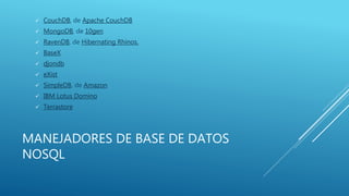 MANEJADORES DE BASE DE DATOS
NOSQL
 CouchDB, de Apache CouchDB
 MongoDB, de 10gen
 RavenDB, de Hibernating Rhinos.
 BaseX
 djondb
 eXist
 SimpleDB, de Amazon
 IBM Lotus Domino
 Terrastore
 