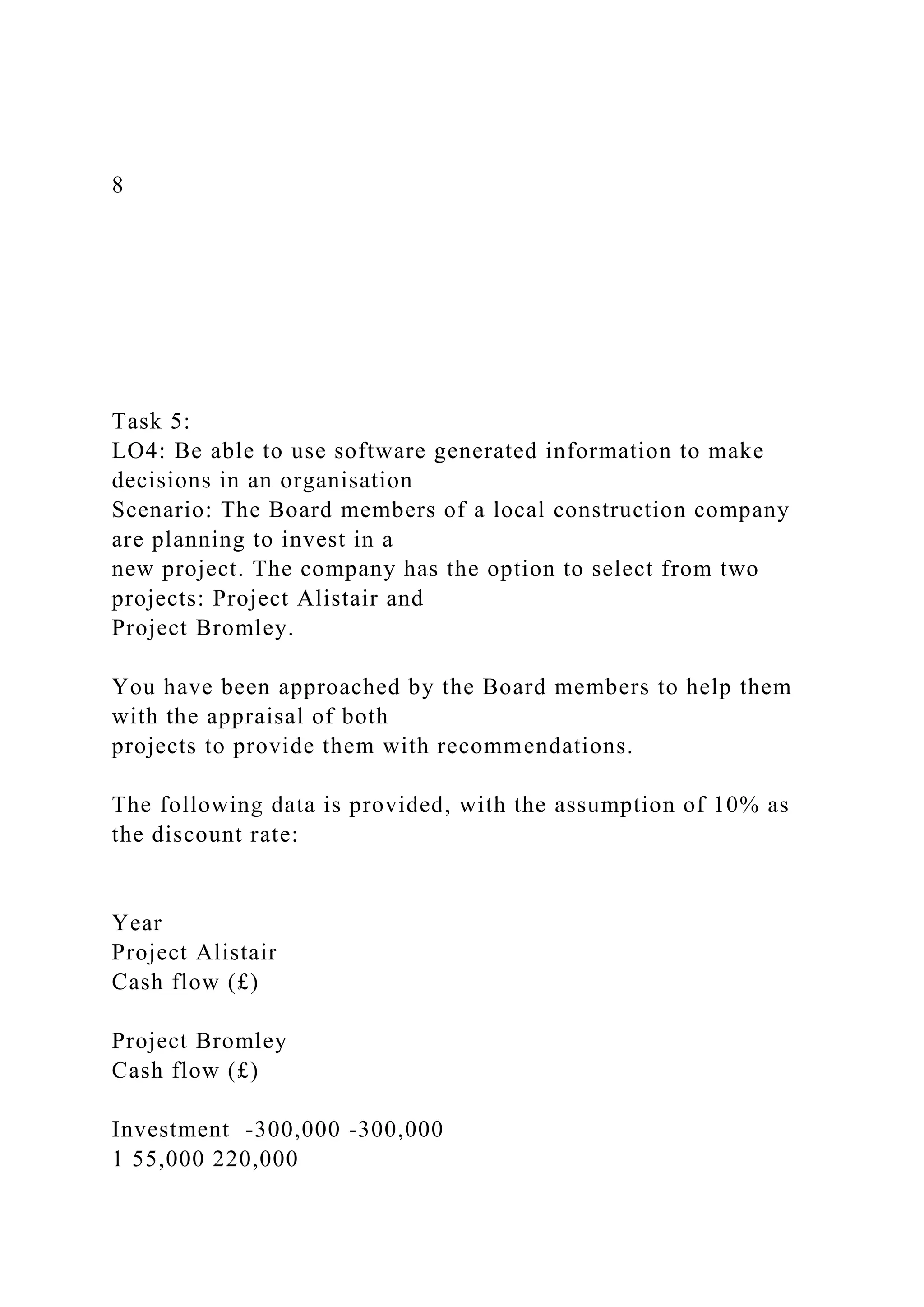 8
Task 5:
LO4: Be able to use software generated information to make
decisions in an organisation
Scenario: The Board members of a local construction company
are planning to invest in a
new project. The company has the option to select from two
projects: Project Alistair and
Project Bromley.
You have been approached by the Board members to help them
with the appraisal of both
projects to provide them with recommendations.
The following data is provided, with the assumption of 10% as
the discount rate:
Year
Project Alistair
Cash flow (£)
Project Bromley
Cash flow (£)
Investment -300,000 -300,000
1 55,000 220,000
 