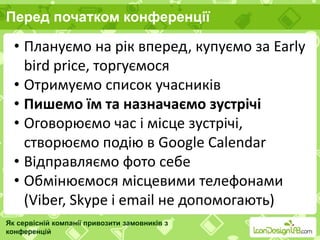 Перед початком конференції
Як сервісній компанії привозити замовників з
конференцій
• Плануємо на рік вперед, купуємо за Early
bird price, торгуємося
• Отримуємо список учасників
• Пишемо їм та назначаємо зустрічі
• Оговорюємо час і місце зустрічі,
створюємо подію в Google Calendar
• Відправляємо фото себе
• Обмінюємося місцевими телефонами
(Viber, Skype і email не допомогають)
 