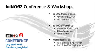 bdNOG2	Conference	&	Workshops
§ bdNOG2	Conference
§ November	11,	2014
§ Participant	:	91	
§ bdNOG2	Workshop
§ November	12-...
