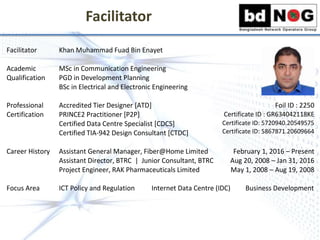 Facilitator
Facilitator Khan Muhammad Fuad Bin Enayet
Academic
Qualification
MSc in Communication Engineering
PGD in Development Planning
BSc in Electrical and Electronic Engineering
Professional
Certification
Accredited Tier Designer [ATD]
PRINCE2 Practitioner [P2P]
Certified Data Centre Specialist [CDCS]
Certified TIA-942 Design Consultant [CTDC]
Foil ID : 2250
Certificate ID : GR634042118KE
Certificate ID: 5720940.20549575
Certificate ID: 5867871.20609664
Career History Assistant General Manager, Fiber@Home Limited
Assistant Director, BTRC | Junior Consultant, BTRC
Project Engineer, RAK Pharmaceuticals Limited
February 1, 2016 – Present
Aug 20, 2008 – Jan 31, 2016
May 1, 2008 – Aug 19, 2008
Focus Area ICT Policy and Regulation Internet Data Centre (IDC) Business Development
 