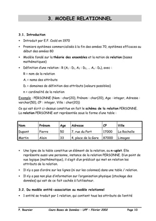P. Boursier Cours Bases de Données – UPF – Février 2002 Page 10
3. MODELE RELATIONNEL
3.1. Introduction
• Introduit par E.F. Codd en 1970
• Premiers systèmes commercialisés à la fin des années 70, systèmes efficaces au
début des années 80
• Modèle fondé sur la théorie des ensembles et la notion de relation (bases
mathématiques)
• Définition d’une relation : R (A1 : D1, A2 : D2, … An : Dn), avec :
R = nom de la relation
Ai = noms des attributs
Di = domaines de définition des attributs (valeurs possibles)
n = cardinalité de la relation
Exemple : PERSONNE (Nom : char(20), Prénom : char(20), Age : integer, Adresse :
varchar(50), CP : integer, Ville : char(20))
Ce qui est écrit ci-dessus constitue en fait le schéma de la relation PERSONNE.
La relation PERSONNE est représentée sous la forme d’une table :
Nom Prénom Age Adresse CP Ville
Dupont Pierre 50 7, rue du Port 17000 La Rochelle
Martin Alain 33 4, place de la Gare 87000 Limoges
• Une ligne de la table constitue un élément de la relation, ou n-uplet. Elle
représente aussi une personne, instance de la relation PERSONNE. D’un point de
vue logique (mathématique), il s’agit d’un prédicat qui met en relation les
attributs de la relation.
• Il n’y a pas d’ordre sur les lignes (ni sur les colonnes) dans une table / relation.
• Il n’y a pas non plus d’information sur l’organisation physique (stockage des
données) qui est de ce fait cachée à l’utilisateur.
3.2. Du modèle entité-association au modèle relationnel
• 1 entité se traduit par 1 relation, qui contient tous les attributs de l’entité
 