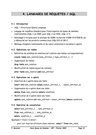 P. Boursier Cours Bases de Données – UPF – Février 2002 Page 12
4. LANGAGES DE REQUETES / SQL
4.1. Introduction
• SQL = Structured Query Language
• Langage de requêtes standard pour l’interrogation de bases de données
relationnelles (SQL-1 en 1989, puis SQL-2 en 1992, SQL-3 ?)
• Développé à l’origine pour le protype de SGBD recherche d’IBM SYSTEM/R, qui
a débouché sur les produits commerciaux SQL/DS et DB-2
• Mélange d’algèbre relationnelle et de calcul relationnel à variables n-uplets
4.2. Opérations sur tables
• Définition de schémas de relations (et création des tables correspondantes) :
create table nom_relation (nom_attribut_1 type_attribut_1, …)
• Suppression de tables :
drop table nom_relation
• Modification de tables (ajout de colonne) :
alter table nom_relation add nom_attribut
4.3. Opérations sur n-uplets
• Insertion de n-uplets dans une table :
insert into nom_relation values (valeur_attribut_1, …, valeur_attribut_n)
• Suppression de n-uplets dans une table :
delete from nom_relation [where condition]
• Modification de n-uplets dans une table :
update nom_relation set nom_attribut = valeur_attribut [where condition]
4.4. Opération de consultation
select nom_attribut_1, …, nom_attribut_n
from nom_relation_1, …, nom_relation_m
where condition_1, …, condition_p
Quelques « trucs » à savoir :
− pour voir tous les attributs d’une relation : select * from nom_table
 