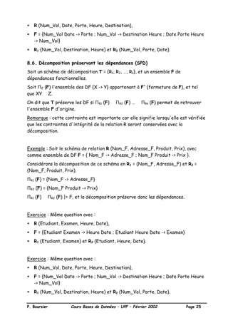 P. Boursier Cours Bases de Données – UPF – Février 2002 Page 25
• R (Num_Vol, Date, Porte, Heure, Destination),
• F = {Num_Vol Date -> Porte ; Num_Vol -> Destination Heure ; Date Porte Heure
-> Num_Vol}
• R1 (Num_Vol, Destination, Heure) et R2 (Num_Vol, Porte, Date).
8.6. Décomposition préservant les dépendances (SPD)
Soit un schéma de décomposition T = {R1, R2, …, Rk}, et un ensemble F de
dépendances fonctionnelles.
Soit ΠZ (F) l'ensemble des DF {X -> Y} appartenant à F+
(fermeture de F), et tel
que XY ⊆ Z.
On dit que T préserve les DF si ΠR1 (F) ∪ ΠR2 (F) … ∪ ΠRk (F) permet de retrouver
l'ensemble F d'origine.
Remarque : cette contrainte est importante car elle signifie lorsqu'elle est vérifiée
que les contraintes d'intégrité de la relation R seront conservées avec la
décomposition.
Exemple : Soit le schéma de relation R (Nom_F, Adresse_F, Produit, Prix), avec
comme ensemble de DF F = { Nom_F -> Adresse_F ; Nom_F Produit -> Prix }.
Considérons la décomposition de ce schéma en R1 = (Nom_F, Adresse_F) et R2 =
(Nom_F, Produit, Prix).
ΠR1 (F) = {Nom_F -> Adresse_F}
ΠR2 (F) = {Nom_F Produit -> Prix}
ΠR1 (F) ∪ ΠR2 (F) |= F, et la décomposition préserve donc les dépendances.
Exercice : Même question avec :
• R (Etudiant, Examen, Heure, Date),
• F = {Etudiant Examen -> Heure Date ; Etudiant Heure Date -> Examen}
• R1 (Etudiant, Examen) et R2 (Etudiant, Heure, Date).
Exercice : Même question avec :
• R (Num_Vol, Date, Porte, Heure, Destination),
• F = {Num_Vol Date -> Porte ; Num_Vol -> Destination Heure ; Date Porte Heure
-> Num_Vol}
• R1 (Num_Vol, Destination, Heure) et R2 (Num_Vol, Porte, Date).
 