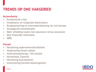 TRENDS OP ONS VAKGEBIED Accountancy Economische crisis  Compliance en Corporate Governance Europeanisering en internationalisering van het beroep Strategische heroriëntatie Meer scheiding tussen non-assurance versus assurance Niet financiële informatie XBRL  Fiscaal Herziening ondernemersfaciliteiten Vergroening fiscale stelsel Internationalisering / EU-invloed Horizontaal Toezicht Herziening Successiewet Intensivering formeel belastingrecht  Page  