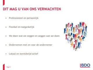 DIT MAG U VAN ONS VERWACHTEN Professioneel en persoonlijk Flexibel en toegankelijk We doen wat we zeggen en zeggen wat we doen Ondernemen met en voor de ondernemer Lokaal en wereldwijd actief Page  